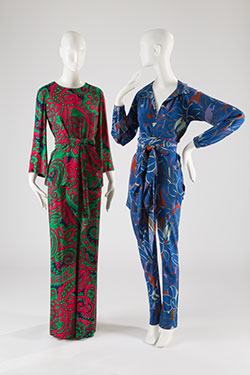 Saint Laurent Rive Gauche, pajama set, printed silk crepe, c. 1970, France, Museum Purchase; (right) Halston, pajama set, printed crepe de Chine, c.1976, USA, Gift of Ms. Gayle Osman.