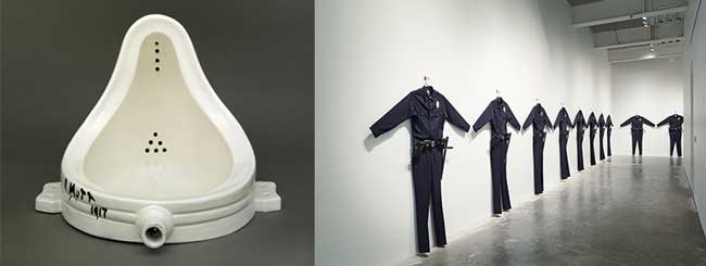 De izquierda a derecha: Marcel Duchamp, Fountain (1917). Réplica de 1964, Chris Burden, L.A.P.D. (1993)