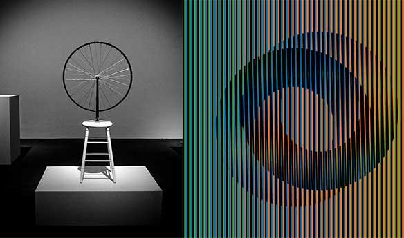 De izquierda a derecha: Marcel Duchamp, La rueda de bicicleta (1913), Carlos Cruz-Diez, Jueves (2013)