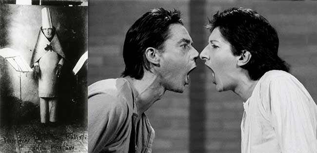 De izquierda a derecha: Hugo Ball en Cabaret Voltaire, recitando Kawarane (1916), Marina Abramovich, AAA-AAA (1978)