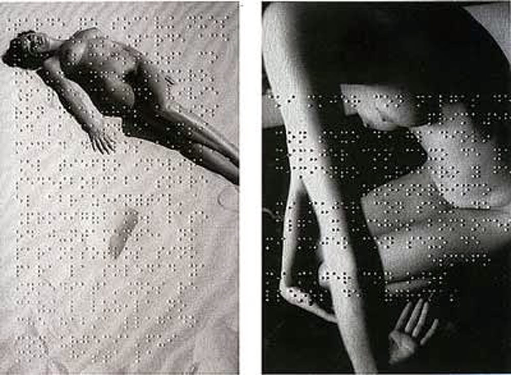 A la izquierda: León Ferrari, Tarde que socavó nuestro amor (de la serie Brailles) (ca. 1990)